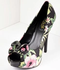 Pleaser Shoes Vintage Style Black Tropical Print Peep Toe Platform Pumps