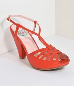 Ellie Shoes Bettie Page Red Slingback Cut-Out Aria Heels 1930s & 1940s